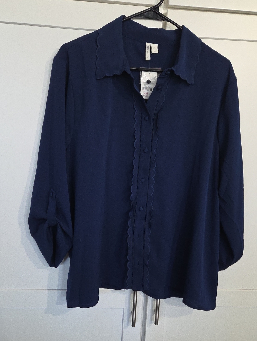 Cato Navy Blue Scalloped Button-Up Blouse